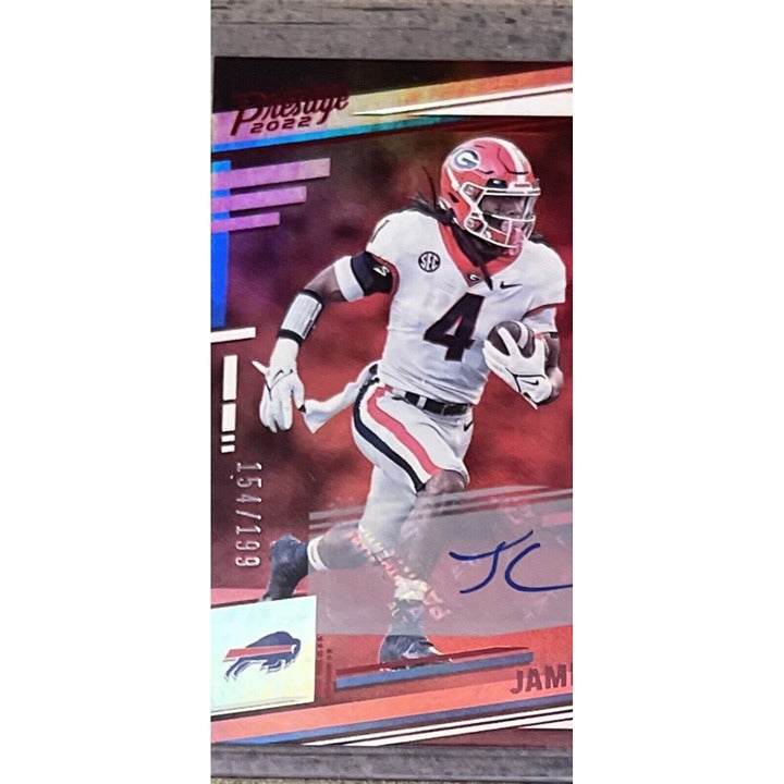 2022 Panini Prestige Xtra Points James Cook autographed rookie card numbered 154/199 Buffalo Bills Georgia Bulldogs