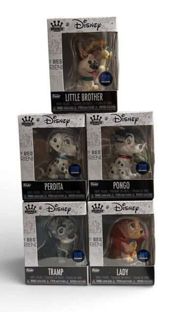 Funko Minis Disney dog bundle featuring Lady, Tramp, Perdita, Pongo, and Little Brother collectible figures