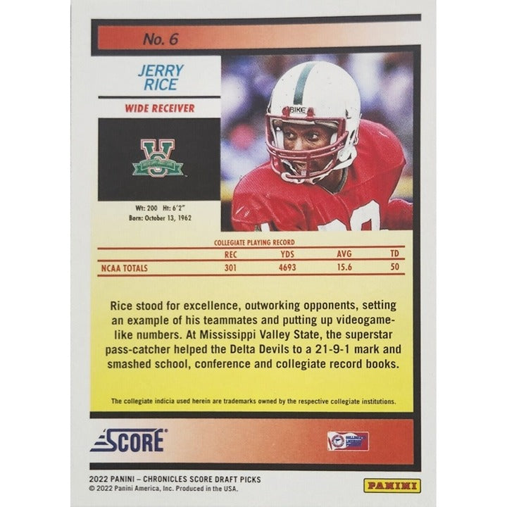Jerry Rice No 6 - Panini Chronicles Score Draft Picks 2022 - MVSU - HOF Football