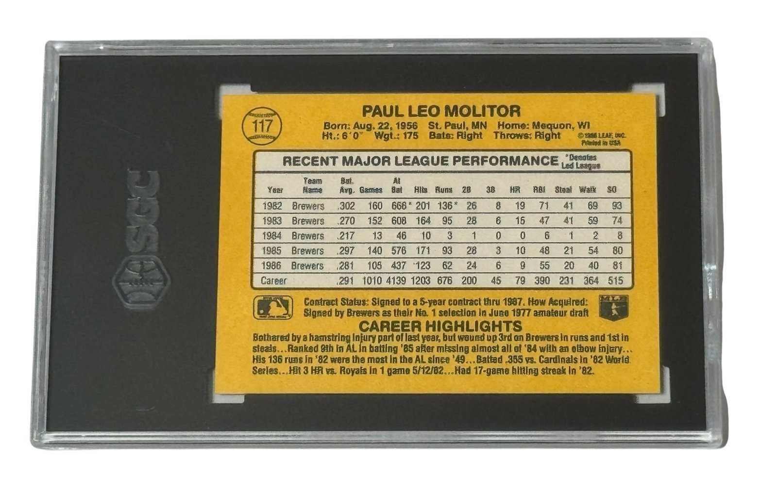 Paul Molitor 1987 Donruss #117 Milwaukee Brewers SGC 7 Near Mint baseball card back