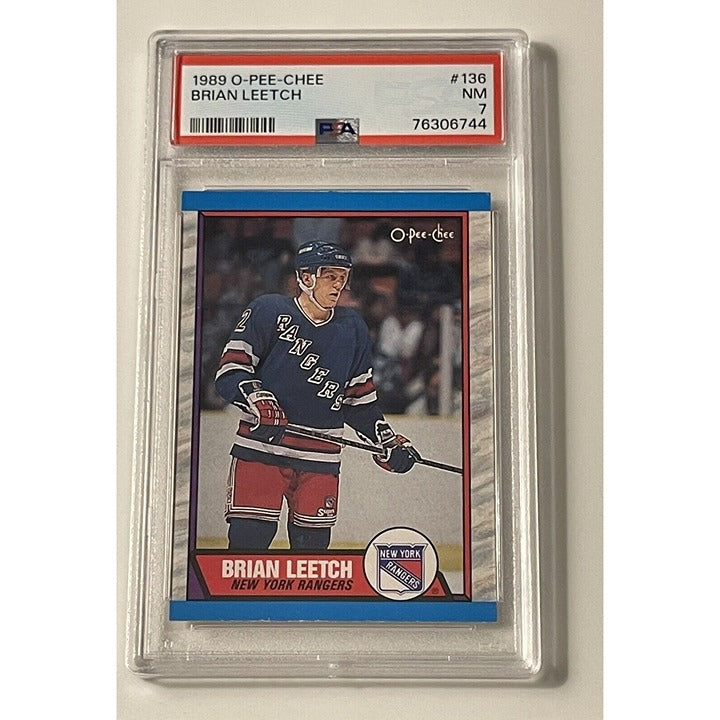 1989-90 O-Pee-Chee Brian Leetch* RC Hockey Card #136 NHL New York Rangers -PSA 7