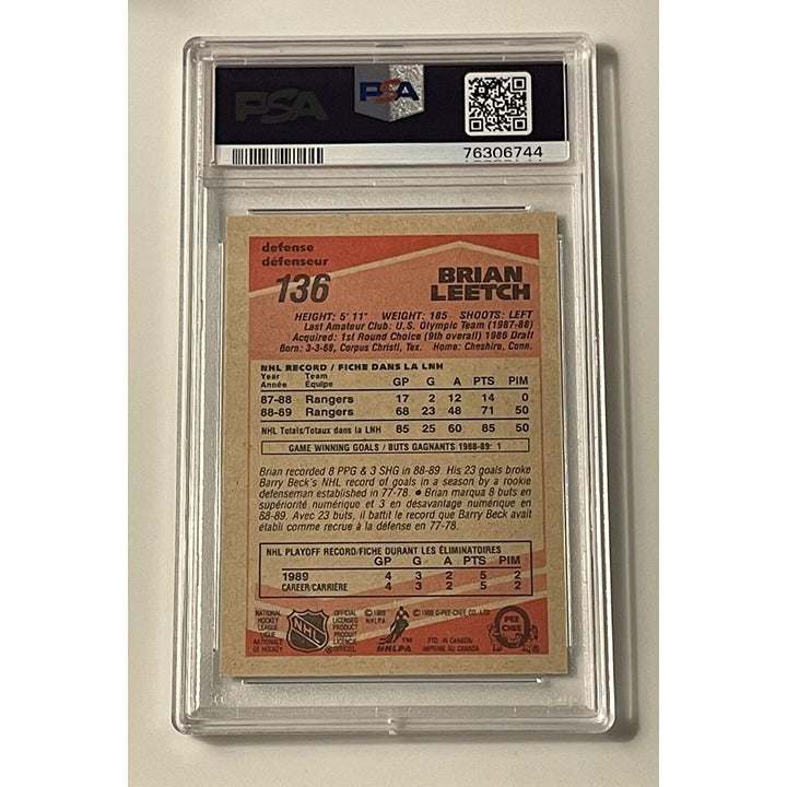 1989-90 O-Pee-Chee Brian Leetch rookie hockey card #136 PSA 7 New York Rangers NHL collectible