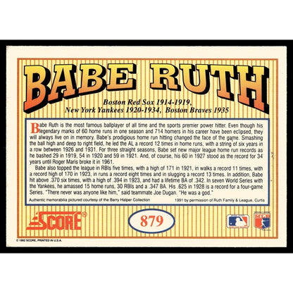 Babe Ruth* 1992 Score Baseball MLB HOF Great New York Yankees Near Mint Card 879
