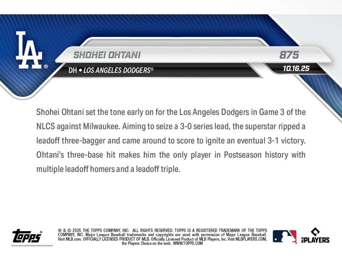 Shohei Ohtani 2025 Topps NOW NLCS Game 3 leadoff triple card Los Angeles Dodgers