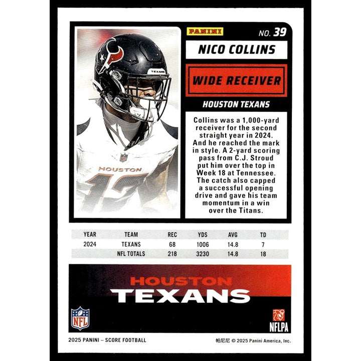2025 NFL SCORE Nico Collins Houston Texans football card near mint condition
