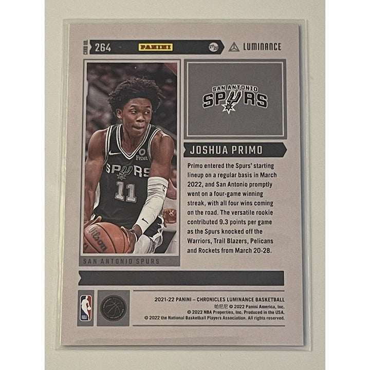 Joshua Primo 2021-22 Panini Chronicles Luminance San Antonio Spurs rookie basketball card