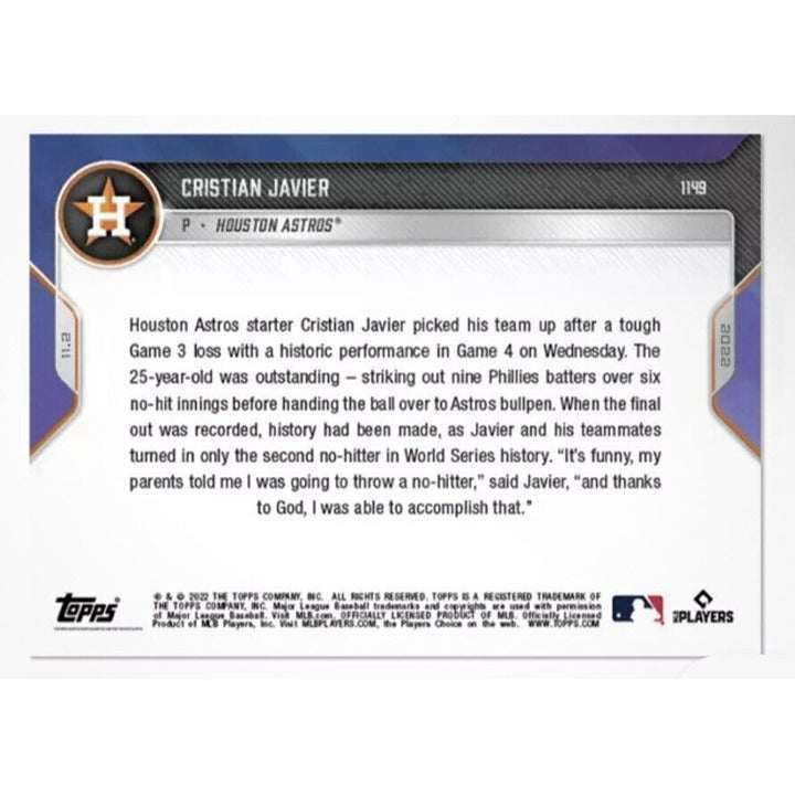 Christian Javier 2022 Topps Now Houston Astros World Series no-hitter baseball card