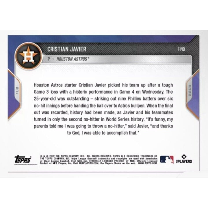 Christian Javier 2022 TOPPS NOW #1149 HOUSTON MLB ASTROS WORLD SERIES NO HITTER*