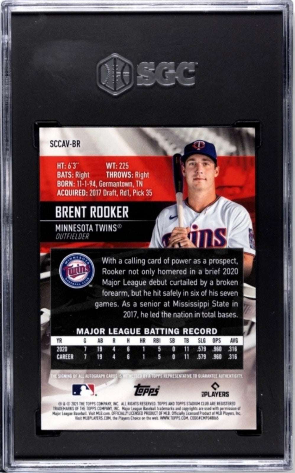 2021 TOPPS STAD. CLUB CHROME Brent Rooker rookie card autographed with SGC 10 grade