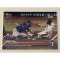 World Series 2023 Topps Now card showing Texas Rangers incredible throw home at Chase Field preventing run in second inning