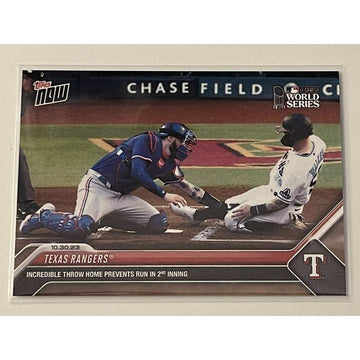 World Series 2023 Topps Now card showing Texas Rangers incredible throw home at Chase Field preventing run in second inning