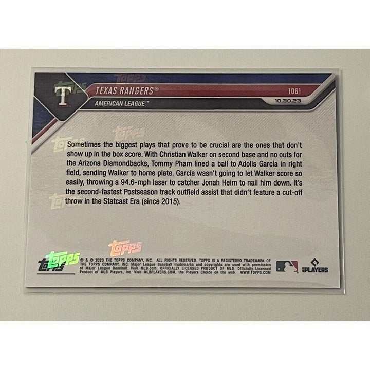 2023 World Series Texas Rangers Topps NOW baseball card incredible throw home highlights