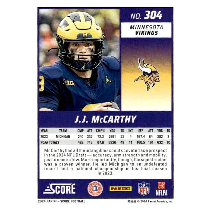 2024 NFL Score Football J.J. McCarthy Red RC* #304 Minnesota Vikings - Near Mint