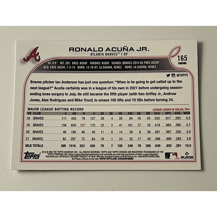 Ronald Acuna Jr. 2022 Topps Chrome Card #165 MLB Braves WS Champion - 1st 30/60!