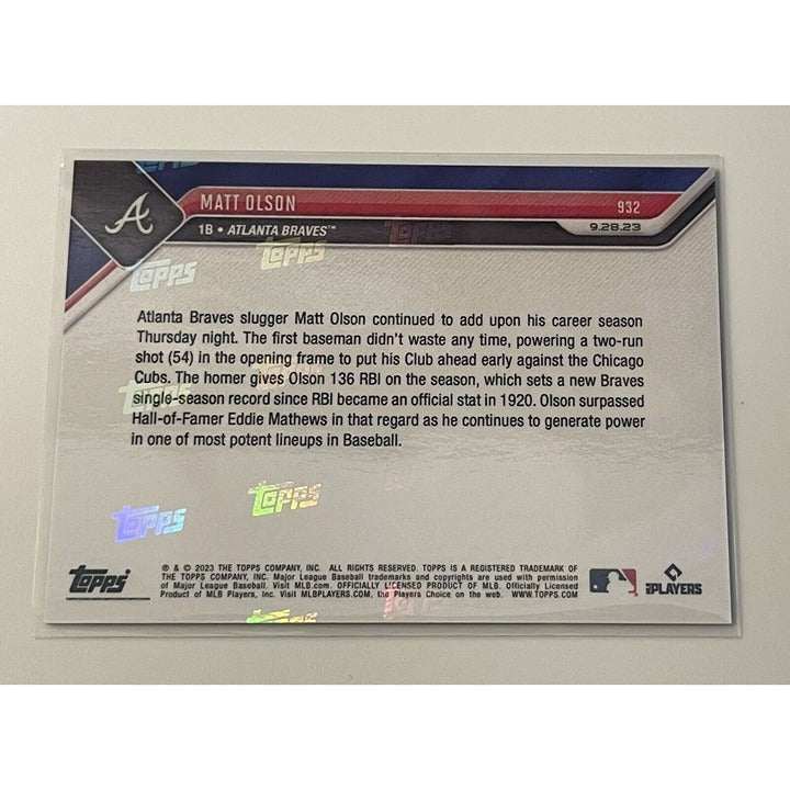 2023 Topps NOW Matt Olson baseball card celebrating Atlanta Braves single-season RBI record