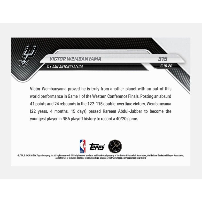LIMITED PR Victor Wembanyama 2025-26 NBA Topps NOW Card #315 San Antoni Spurs NM