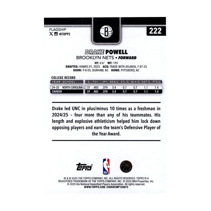 Drake Powell 2025-26 Topps Basketball #222 Brooklyn Nets NBA Basketball