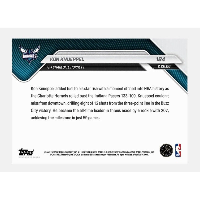 Kon Knueppel RC 2025-26 NBA Topps NOW Card #184 Duke Blue Devils NBA Hornets