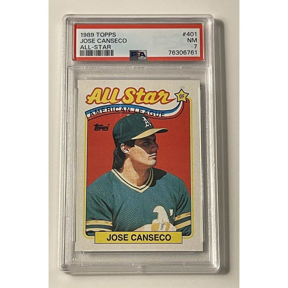 1989 Topps Baseball Jose Canseco All-Star MLB Oakland A's card graded PSA 7 in protective case