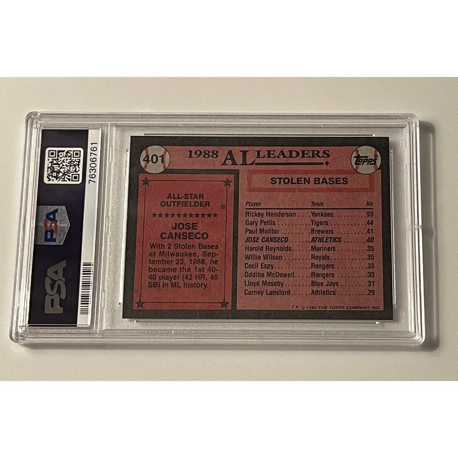 1989 Topps Baseball Jose Canseco All-Star MLB Oakland A's trading card PSA 7 graded