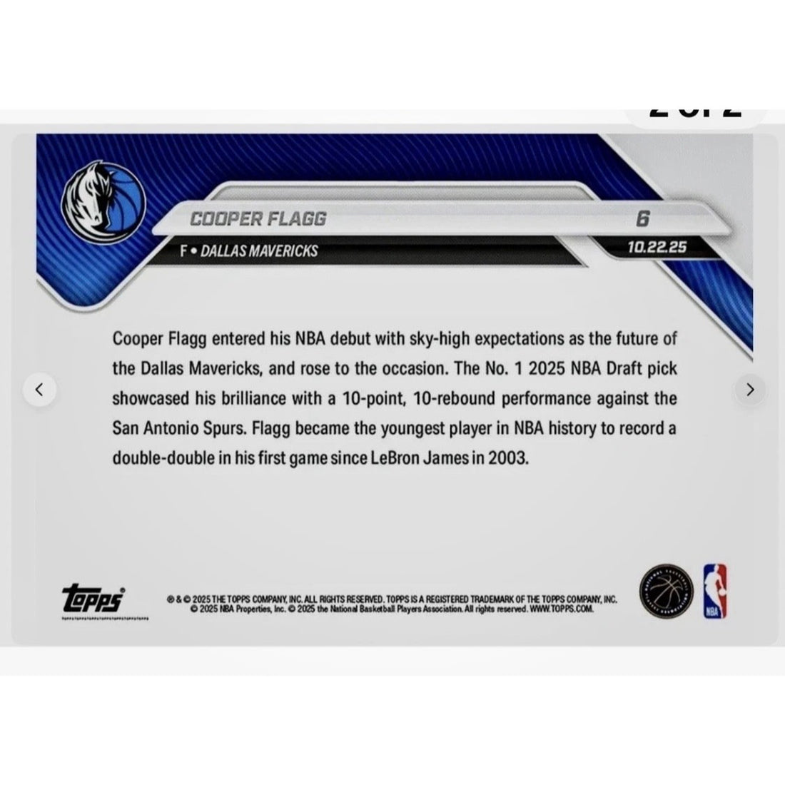 2025 Topps NOW Cooper Flagg RC NBA Debut Dallas Mavericks Basketball Card 6