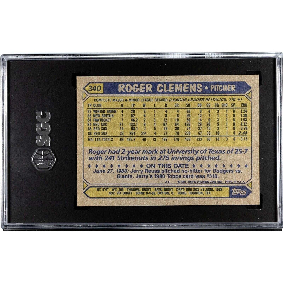 1987 Topps baseball card of Roger Clemens Boston Red Sox graded SGC 8 in protective case