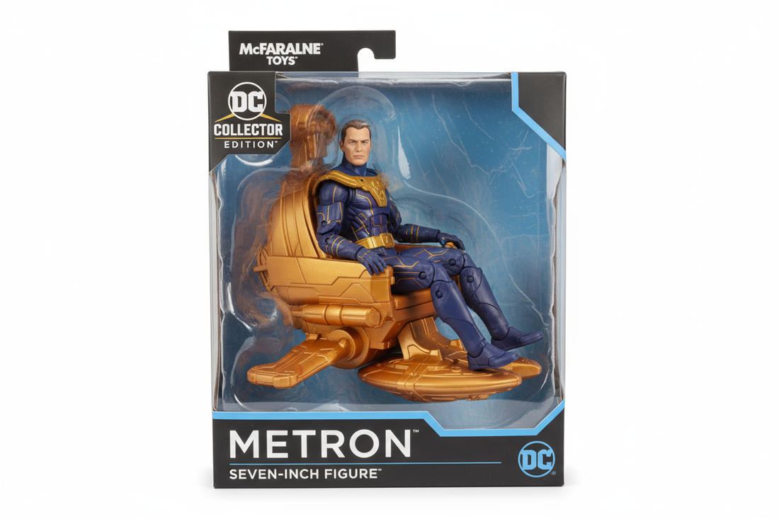 McFarlane DC Collector Edition Metron 7 inch figure in packaging sitting on Mobius Chair sealed chase variant