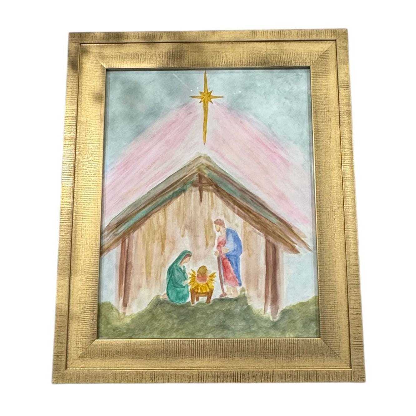 Hand-painted Nativity scene watercolor with Mary, Joseph, Baby Jesus under Bethlehem star in gold frame 10x12