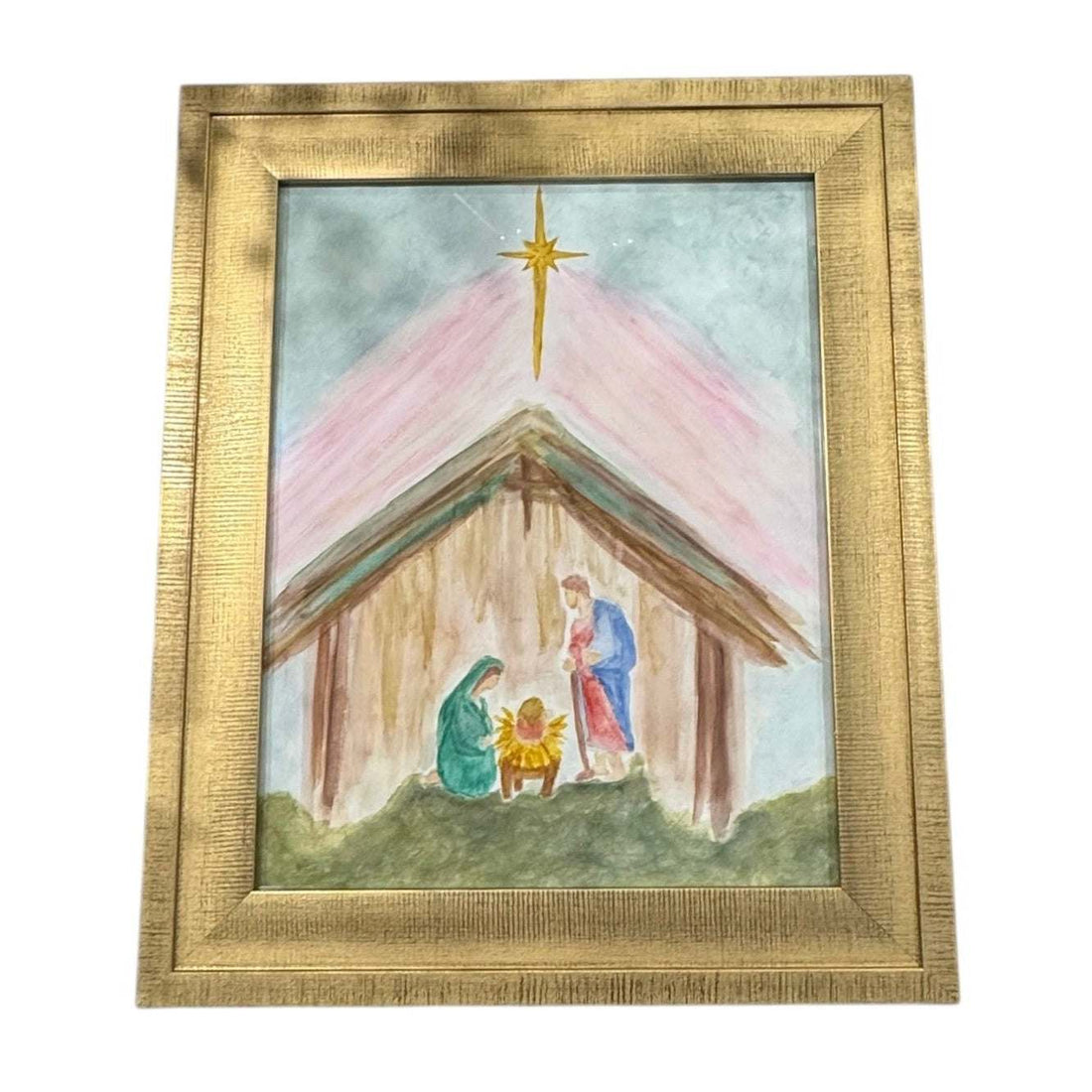 Hand-painted Nativity scene watercolor with Mary, Joseph, Baby Jesus under Bethlehem star in gold frame 10x12