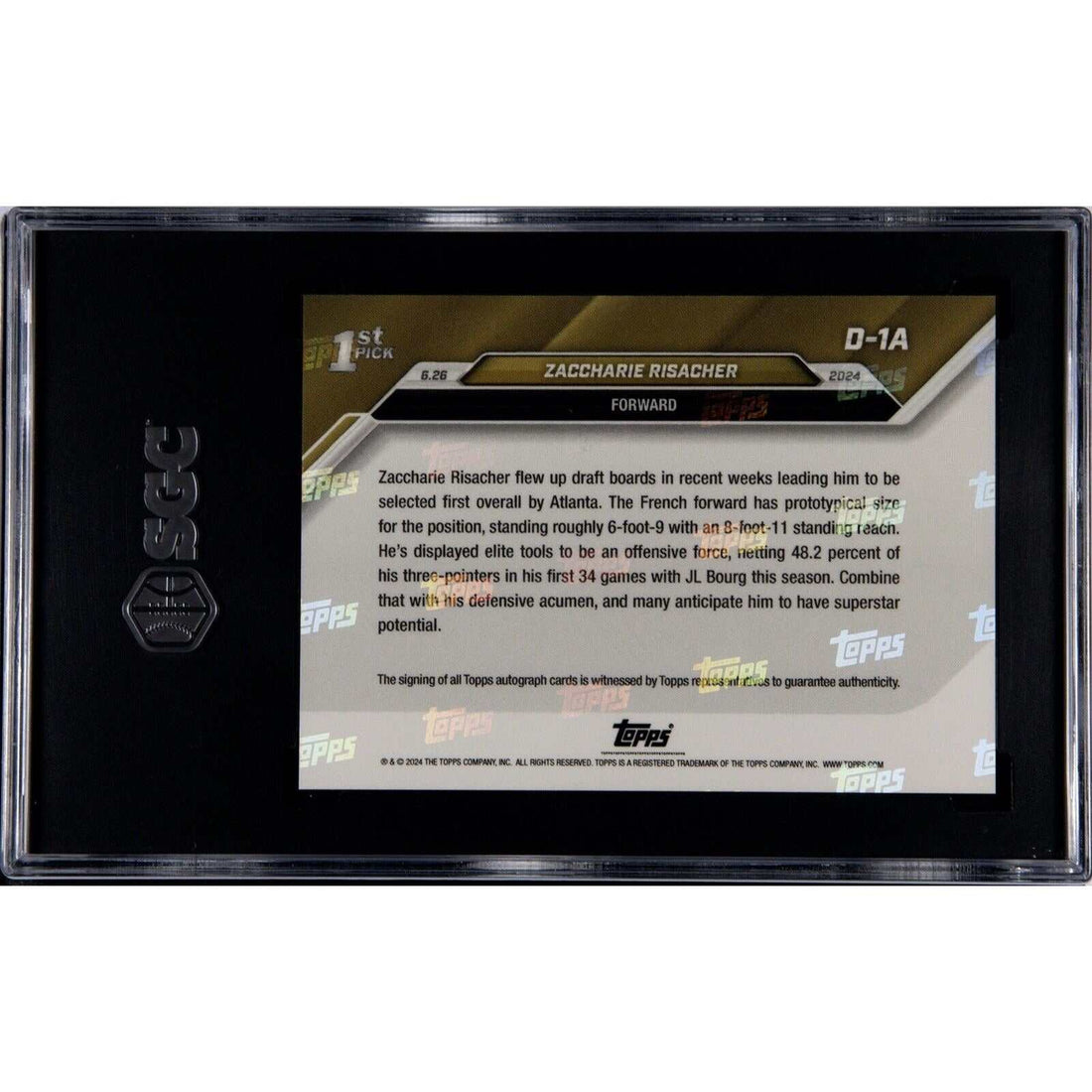 42/99 Zaccharie Risacher RC 2024 Topps Now NBA Draft Night card graded SGC 10 autographed