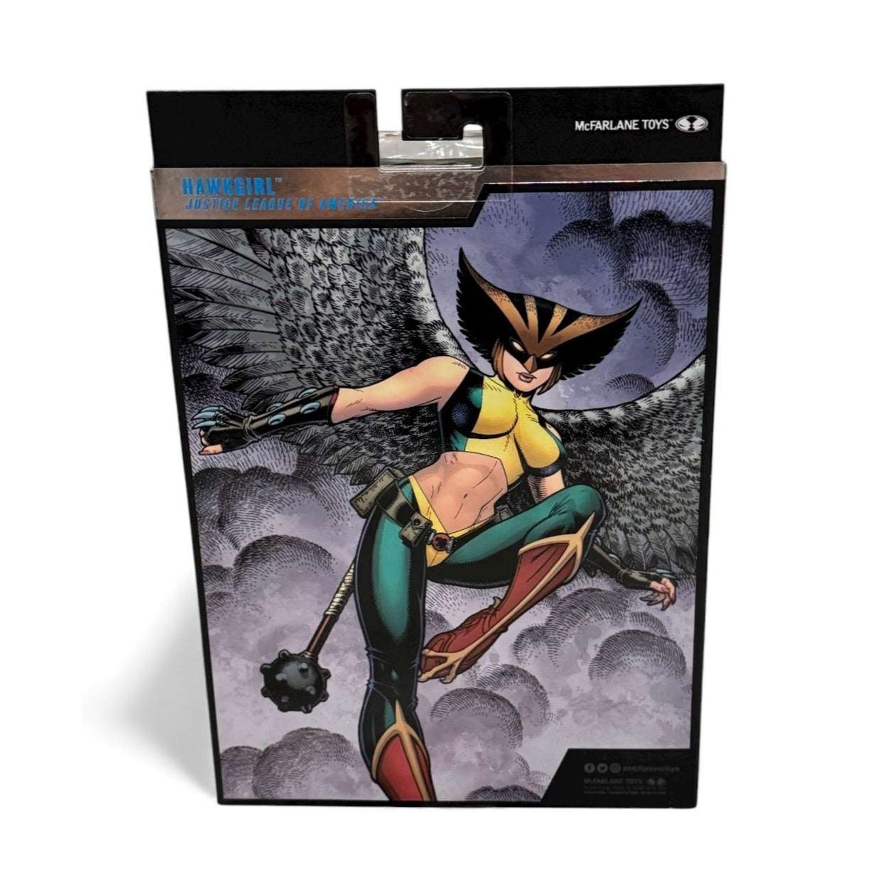 DC Multiverse Hawkgirl McFarlane Toys collector edition figure in sealed packaging with comic artwork.