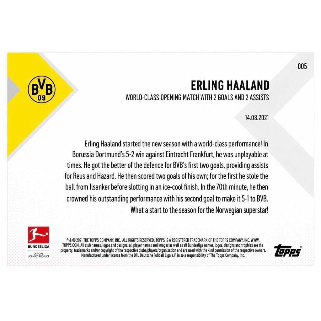 4058 Printed Erling Haaland 2021 Topps NOW Bundesliga #005 2 Goals 2 Assists NM