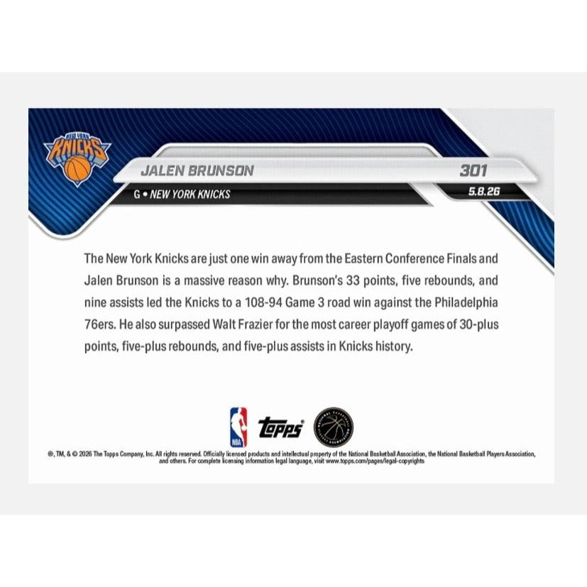 2498 Printed NBA Playoffs Jalen Brunson Knicks Topps NOW #301
