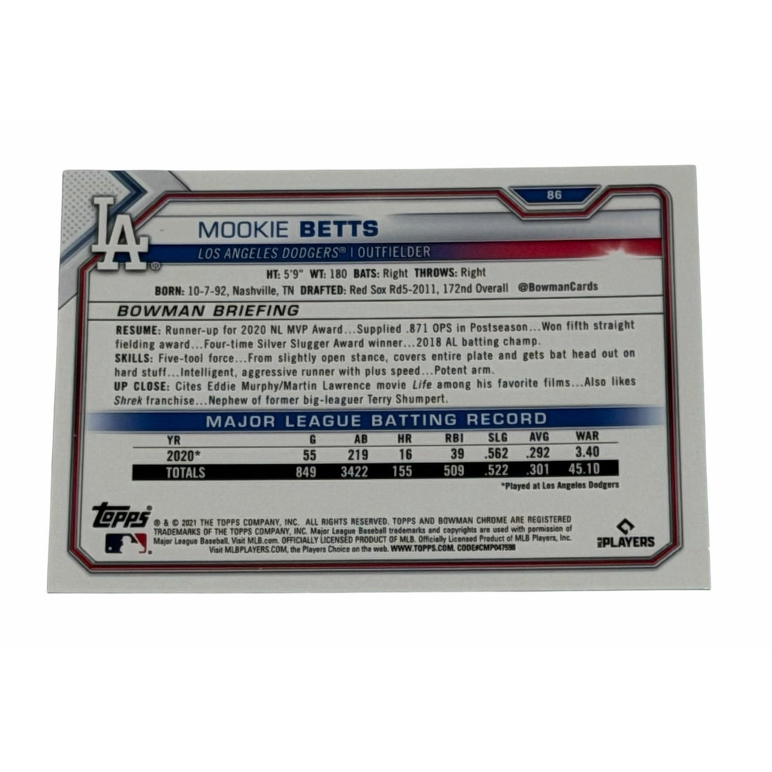 Mookie Betts Bowman Chrome Mookie Betts 2021 Bowman Chrome 86 MLB Los Angeles Dodgers Champions