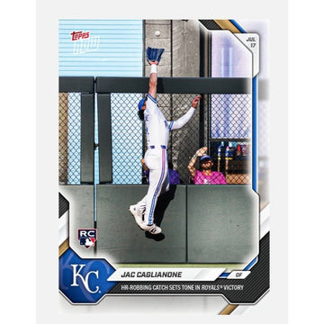 Jac Caglianone Topps NOW Jac Caglianone RC 1620 PR 2026 Topps NOW 458 MLB KC Royals HR Robbing Catch