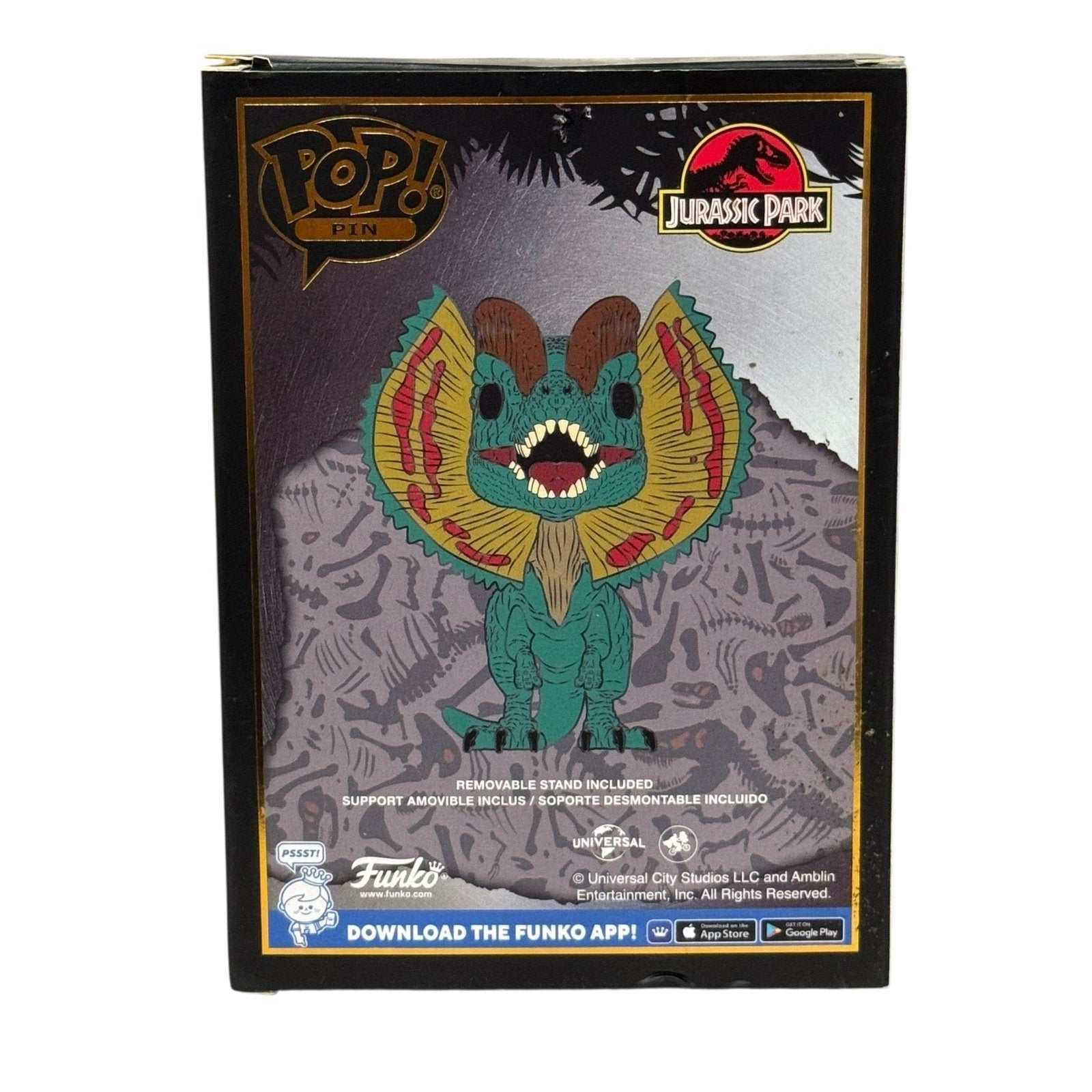 Funko Pop Pin Jurassic Park Dilophosaurus SE enamel collectible in display packaging