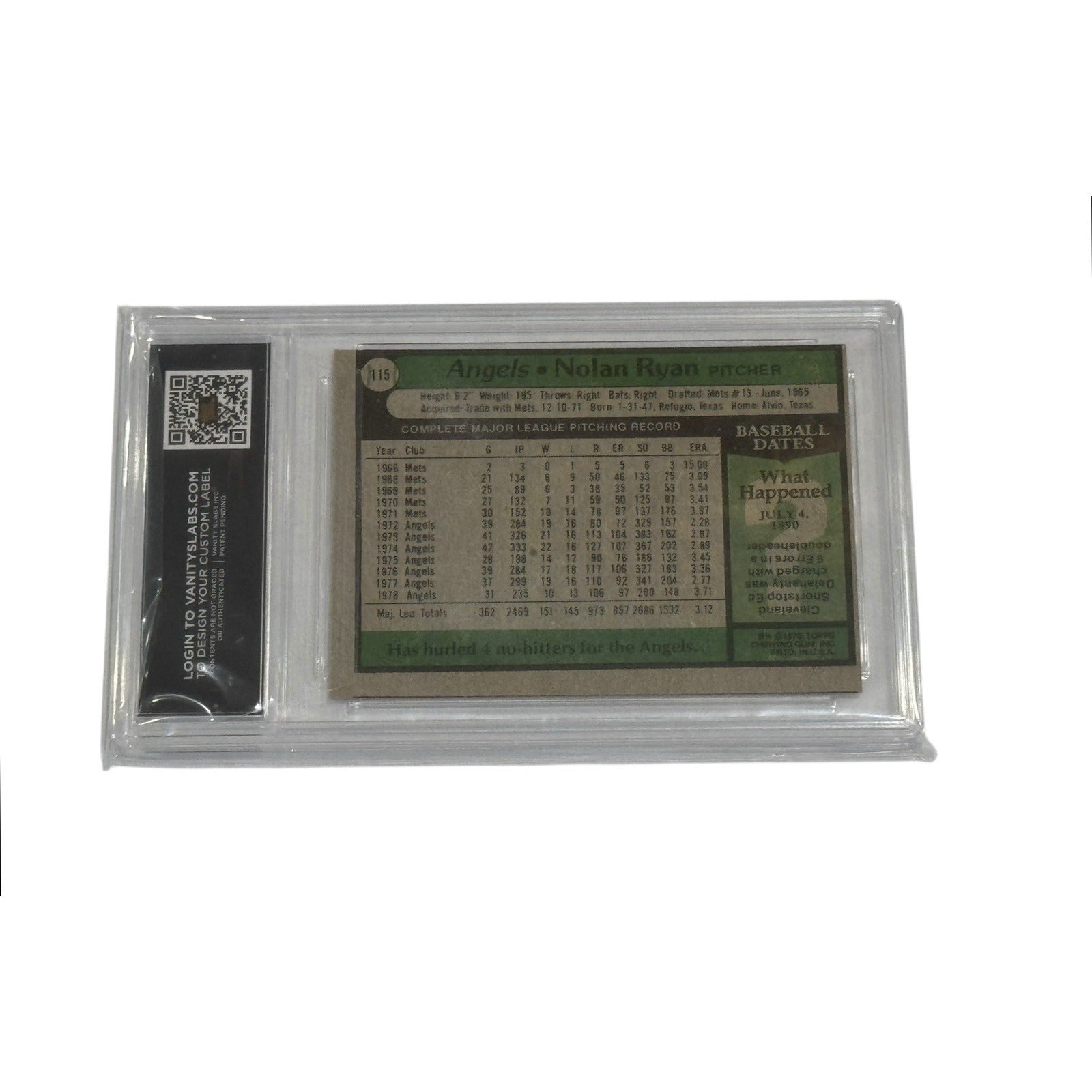1979 Topps Nolan Ryan #115 vintage MLB Angels Hall of Fame pitcher card encased in protective slab