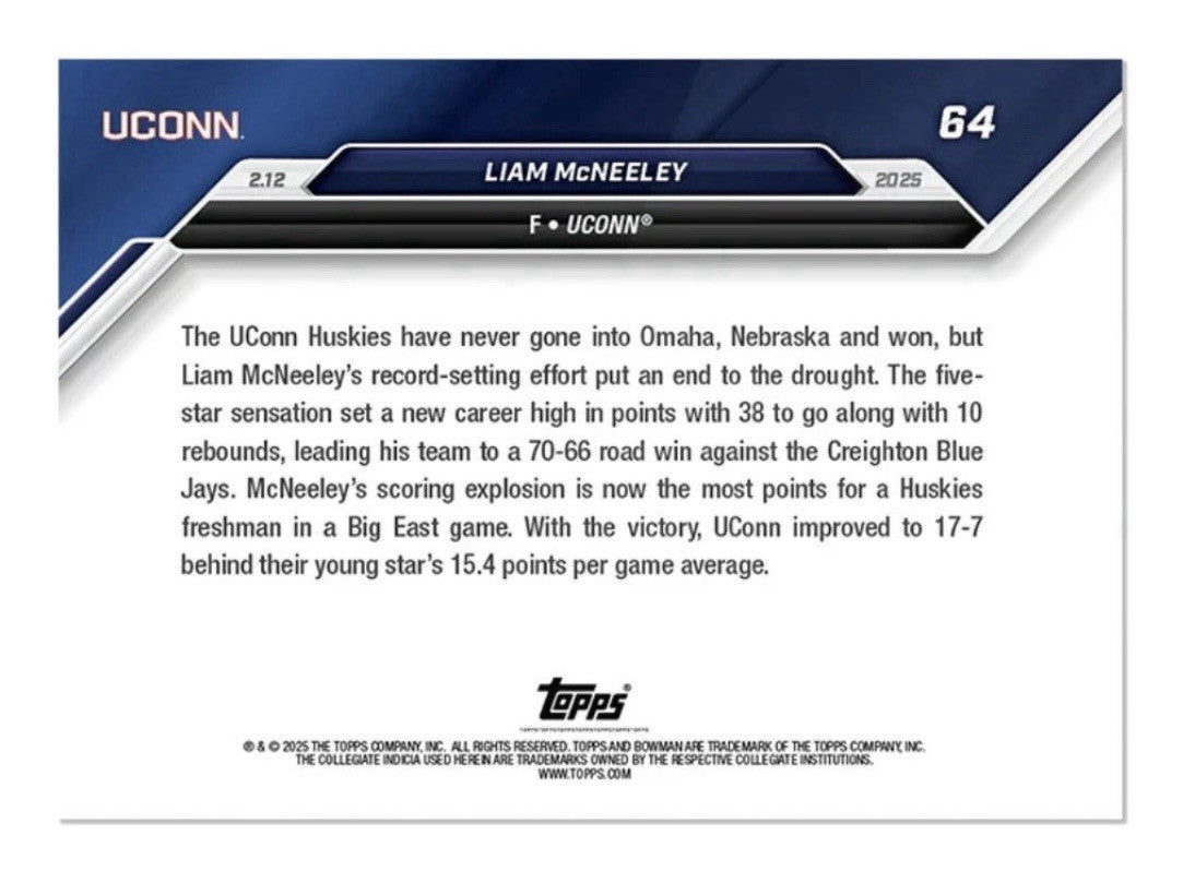 48/49* Liam McNeeley RC - 2024-25 Bowman U NOW® - NCAA UCONN Basketball Card #64