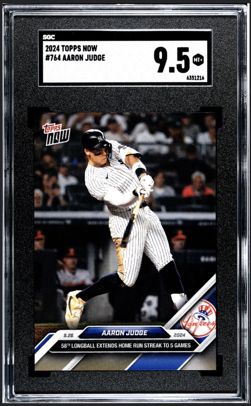 2024 Topps Now Aaron Judge* MLB NY Yankees HR 58 Streak to 5 Games #764 SGC 9.5*