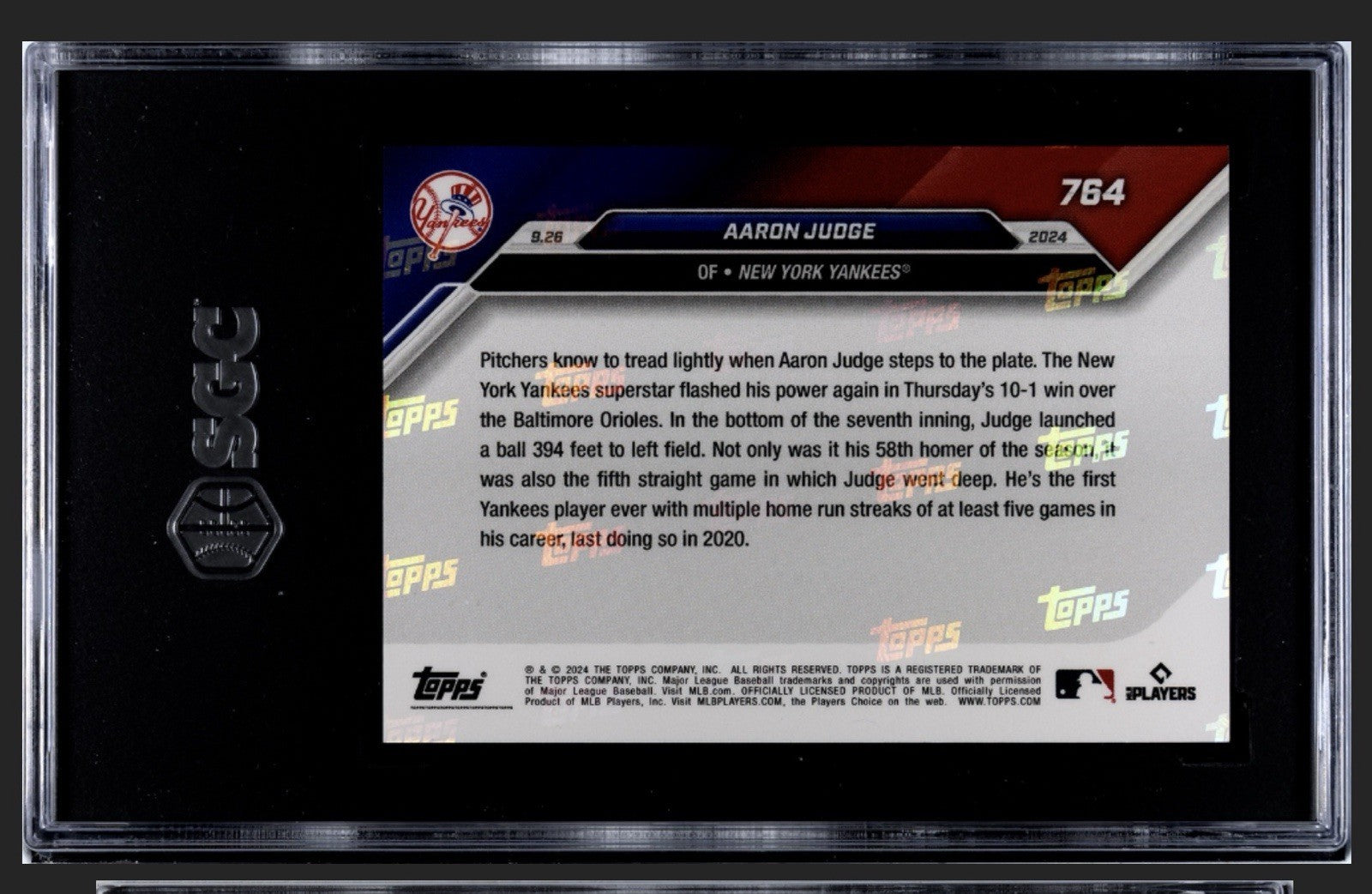 2024 Topps Now Aaron Judge* MLB NY Yankees HR 58 Streak to 5 Games #764 SGC 8.5*