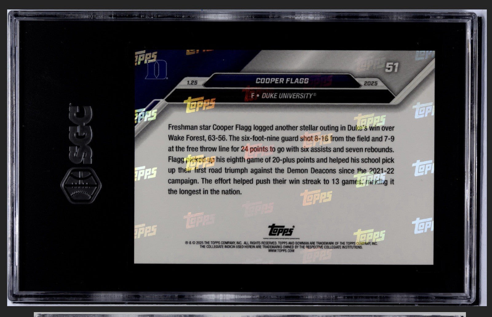 Cooper Flagg RC 2024-25 Bowman U Now - Pushes Win streak to 13 - Card #51 SGC 10