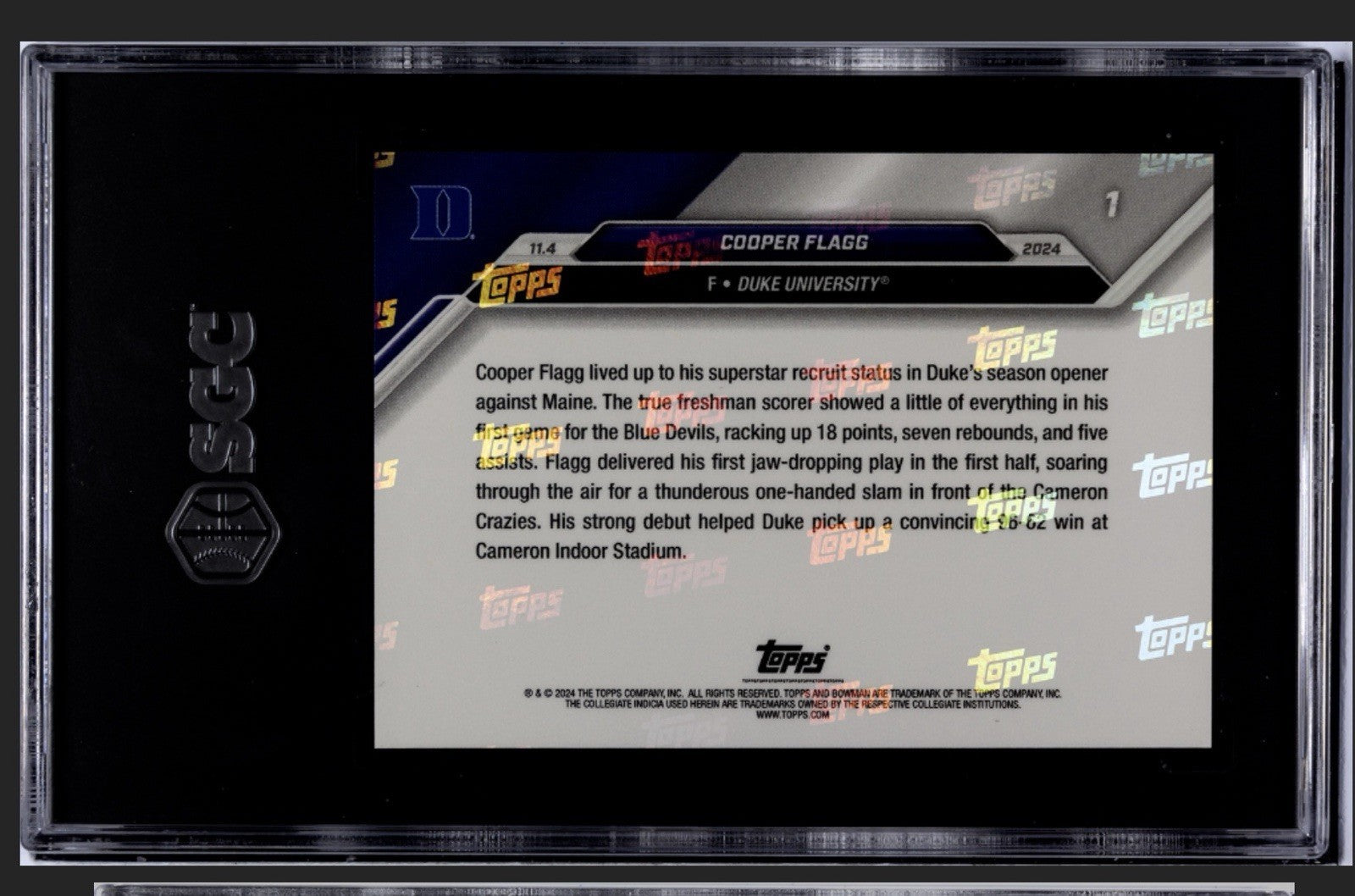 Cooper Flagg RC* 2024 Bowman U Now #1 Debut Duke Blue Devils ROOKIE Card SGC 9.5