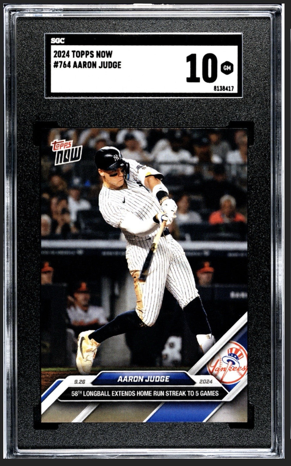 2024 Topps Now Aaron Judge* MLB NY Yankees HR 58 Streak to 5 Games #764 - SGC 10