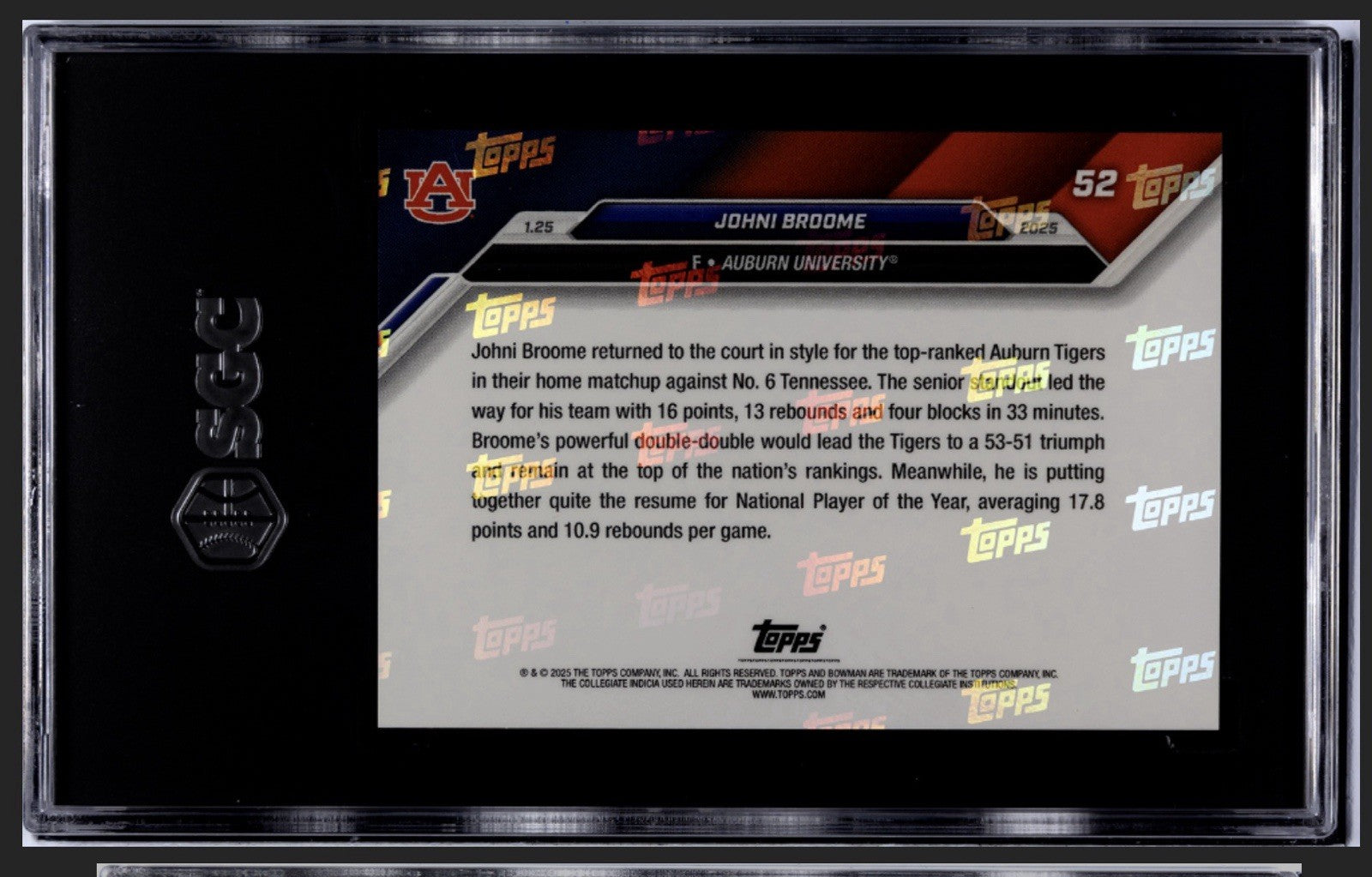 2024-25 Bowman U Now Johni Broome Rookie Leads Top Ranked Tigers Card 52 SGC 9.5