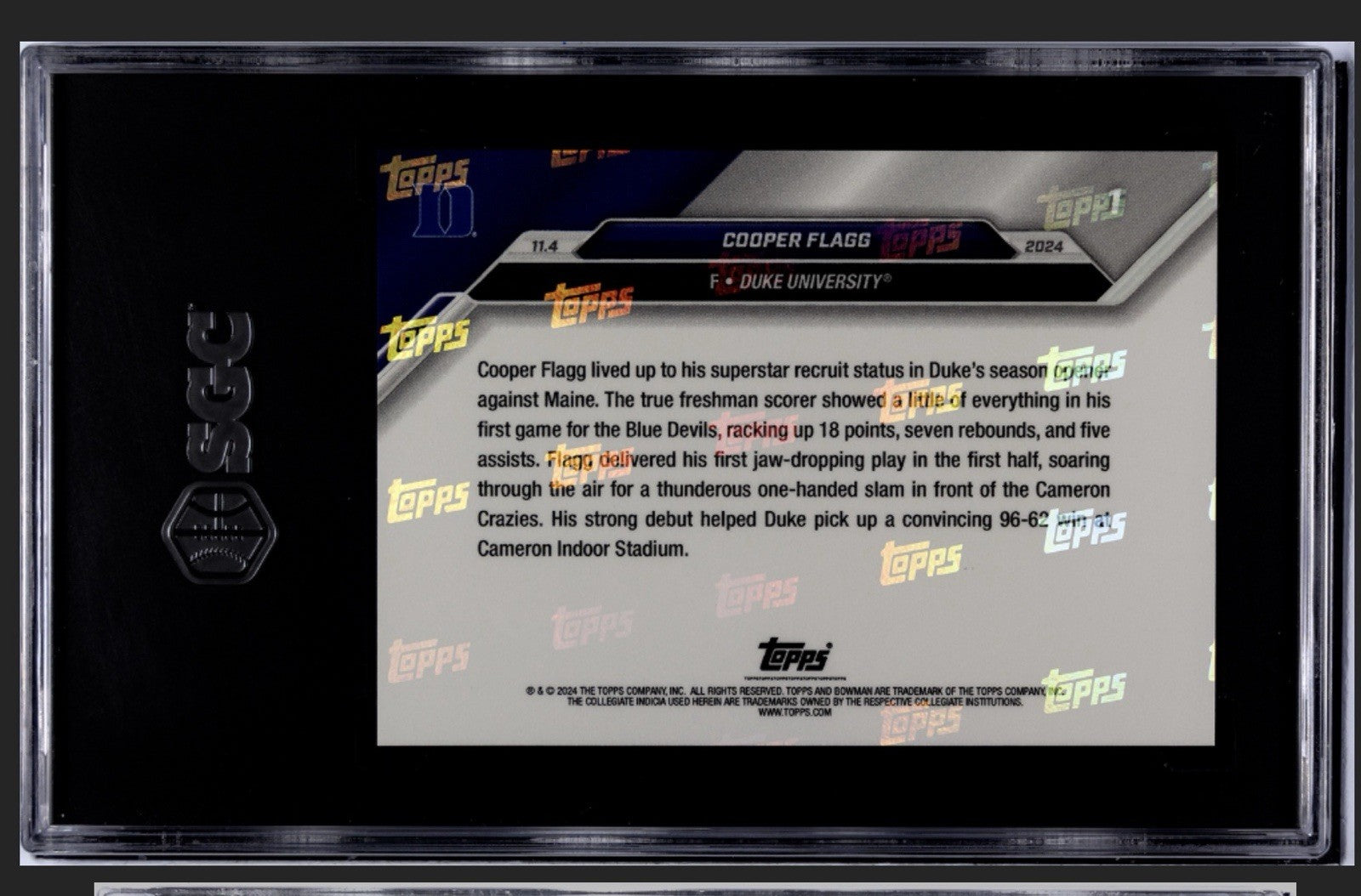 Cooper Flagg RC 2024 Bowman U Now #1 Debut Duke Blue Devils ROOKIE Card - SGC 10