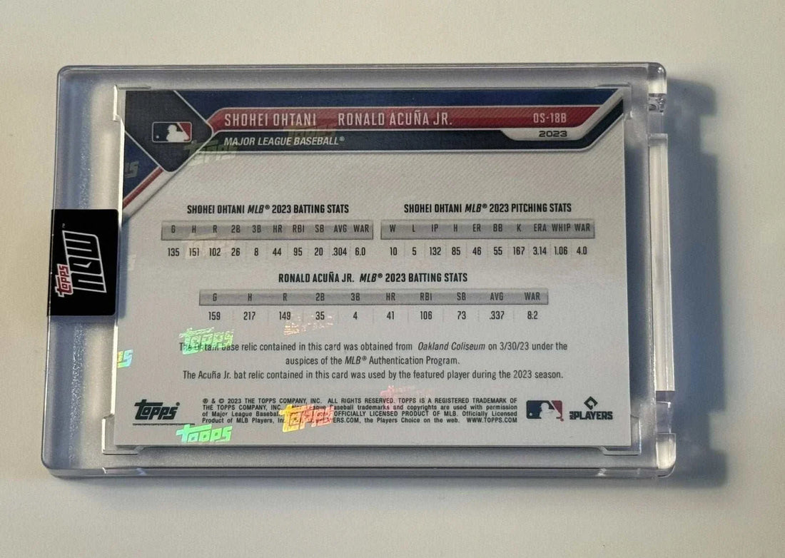 8/10 SEALED dual game-used bat relic card of Shohei Ohtani and Ronald Acuna Jr. 2023 MLB Topps Now OS18