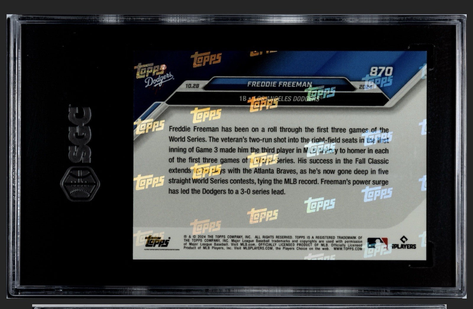 Freddie Freeman LA Dodgers 2024 MLB Topps NOW 5th Straight Game W/HR 870 - SGC 9