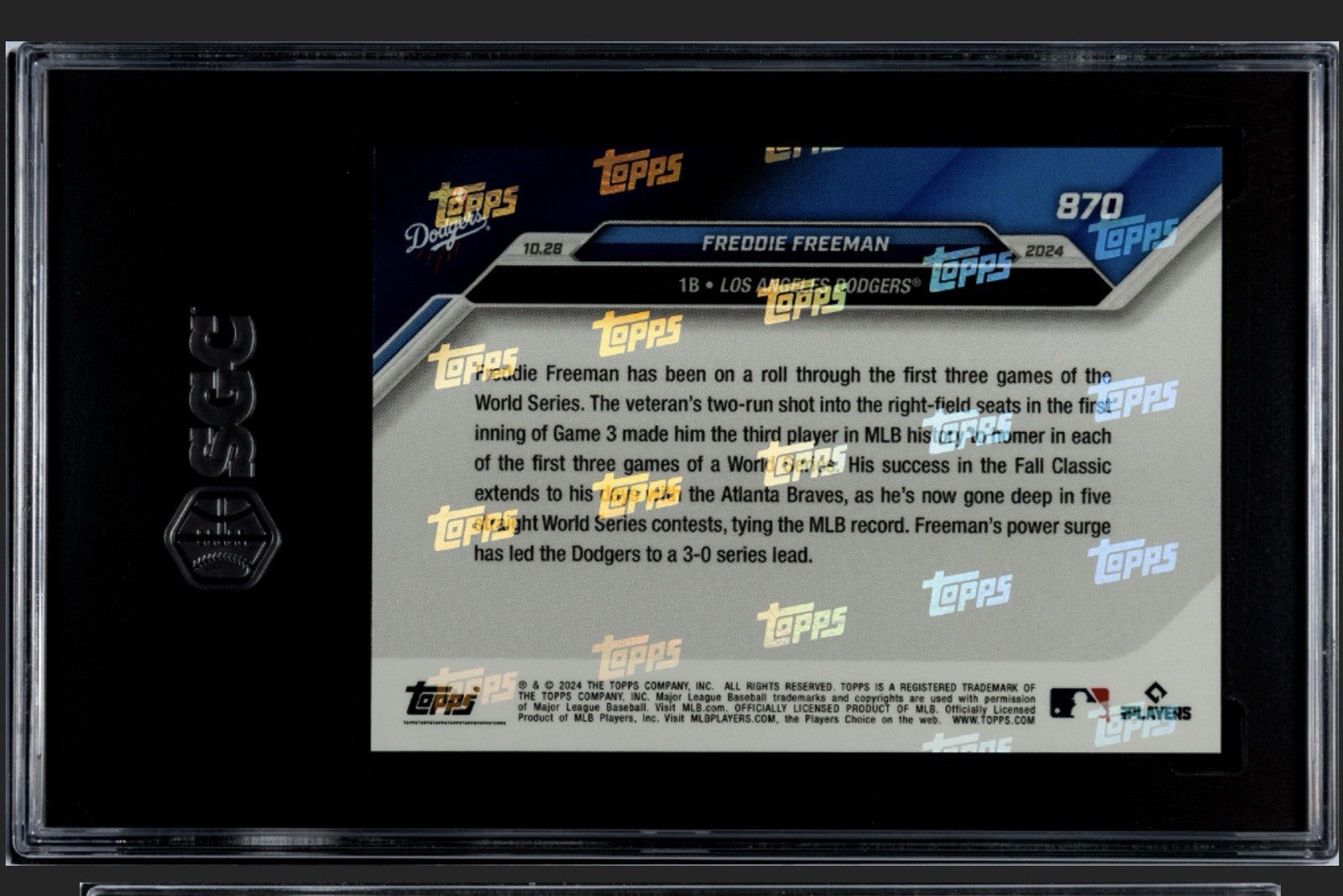 Freddie Freeman LA Dodgers 2024 MLB Topps NOW 5th Straight Game W/HR 870 SGC 9.5