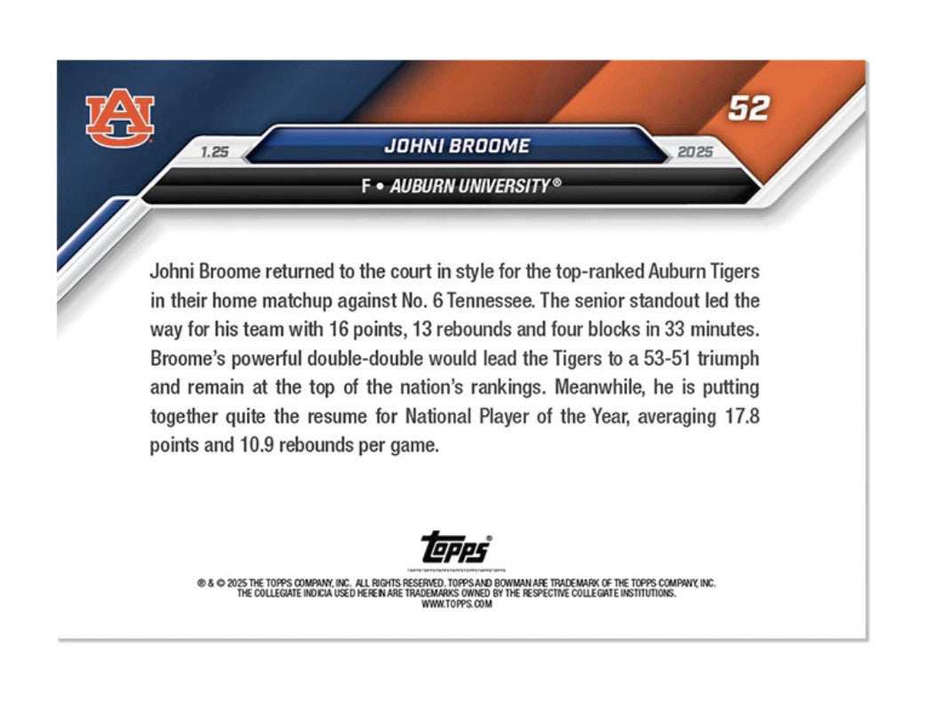 2024-25 Bowman U Now Johni Broome Auburn Tigers Rookie NCAA basketball card #52