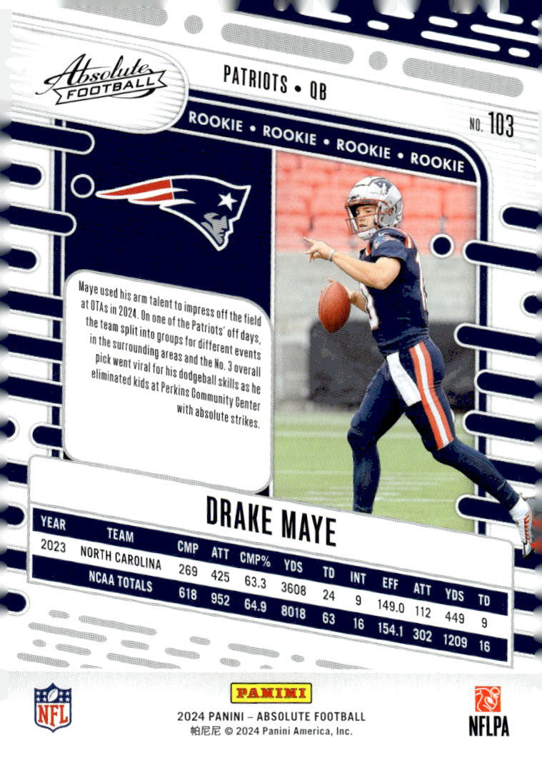 2023 Panini Absolute Drake Maye RC NFL New England Patriots Football - Card #103